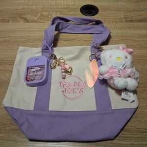 Trader Joe's Purple, Pink & Cream Tote Bag with HK and Wish Sanitizer Keychains